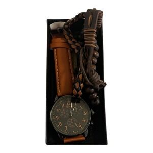 Geneva Mens Watch Faux Leather‎ 3 Bracelets Set Box New Brown Black Gift